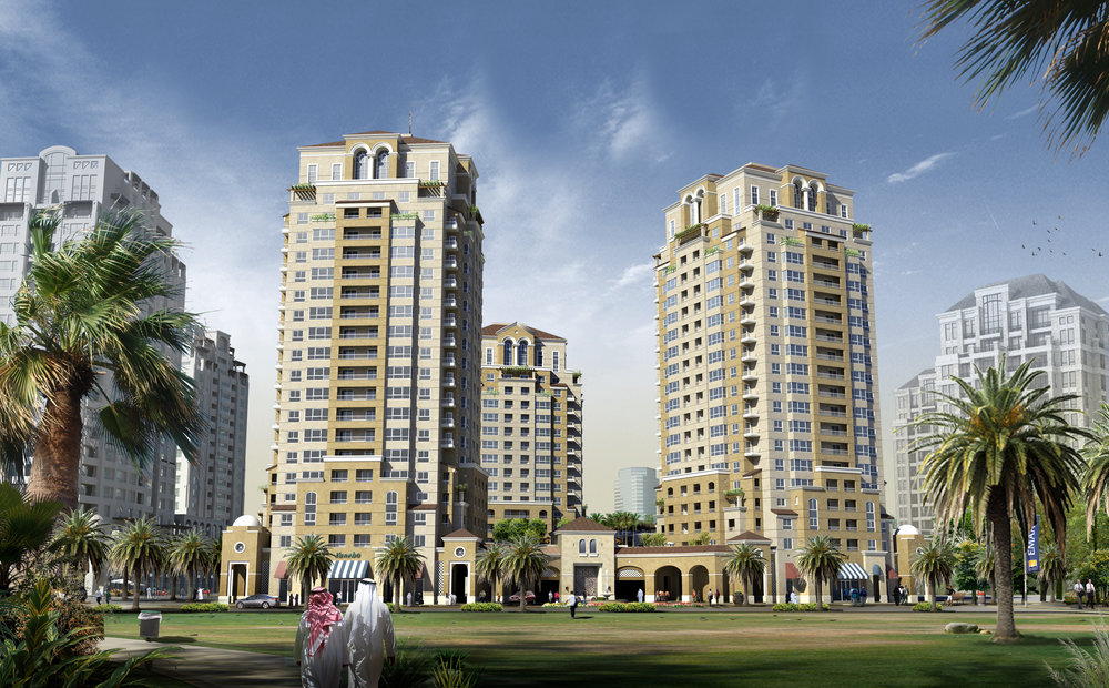 Residential towers in a landscaped Saudi community