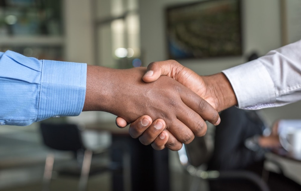 Two professionals shaking hands on a deal