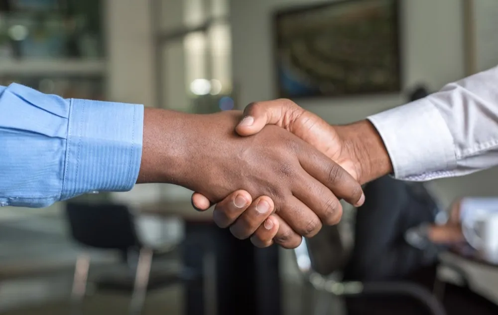 Two professionals shaking hands on a deal