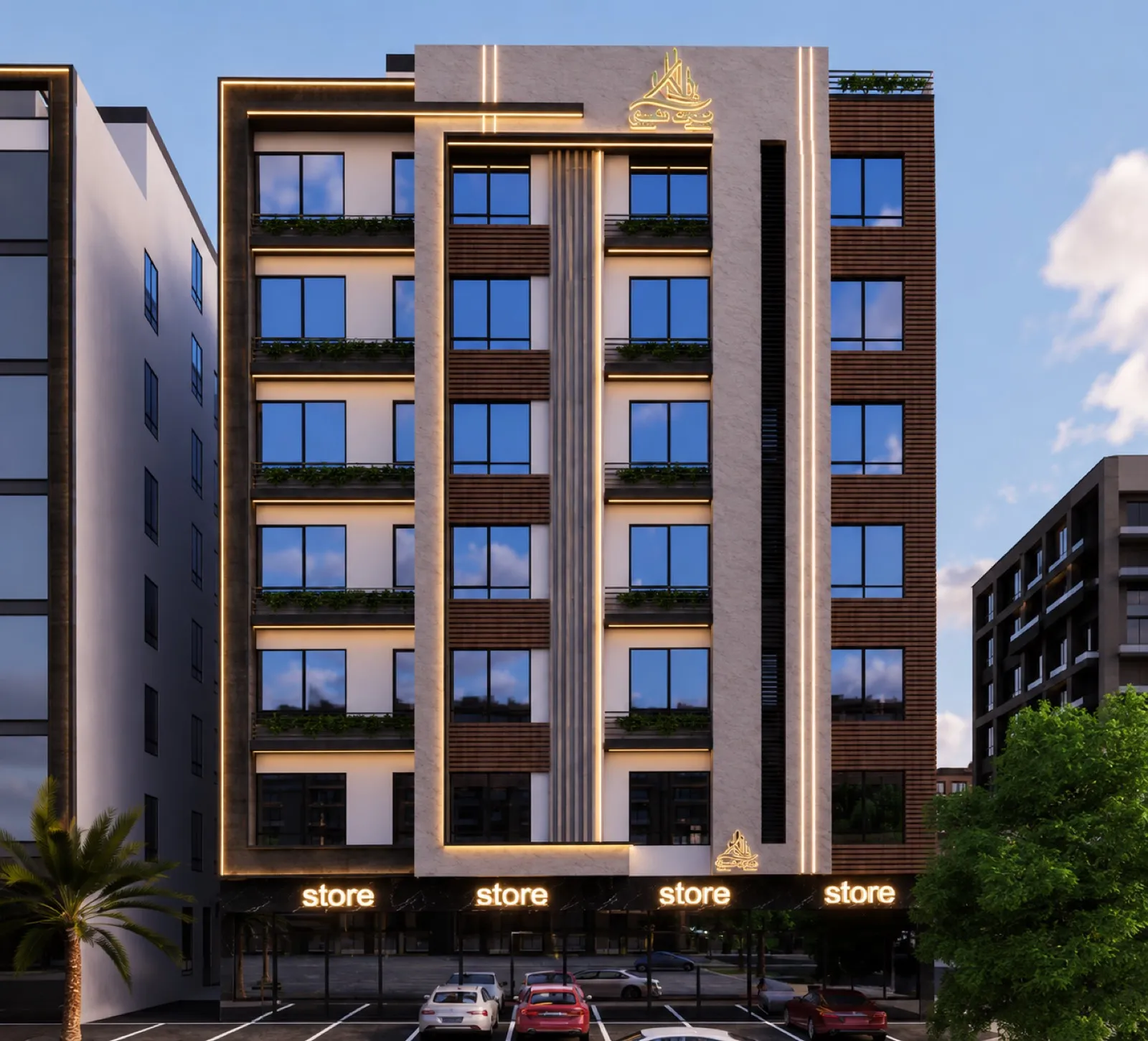 Building facade with ground-level stores