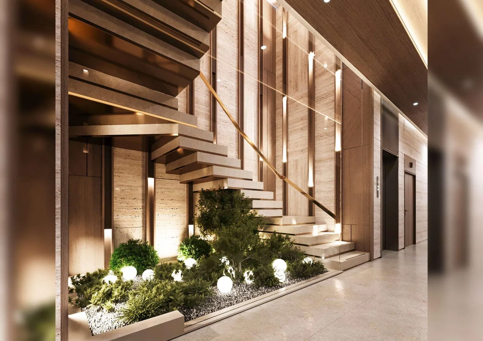 Lobby with floating staircase and indoor garden