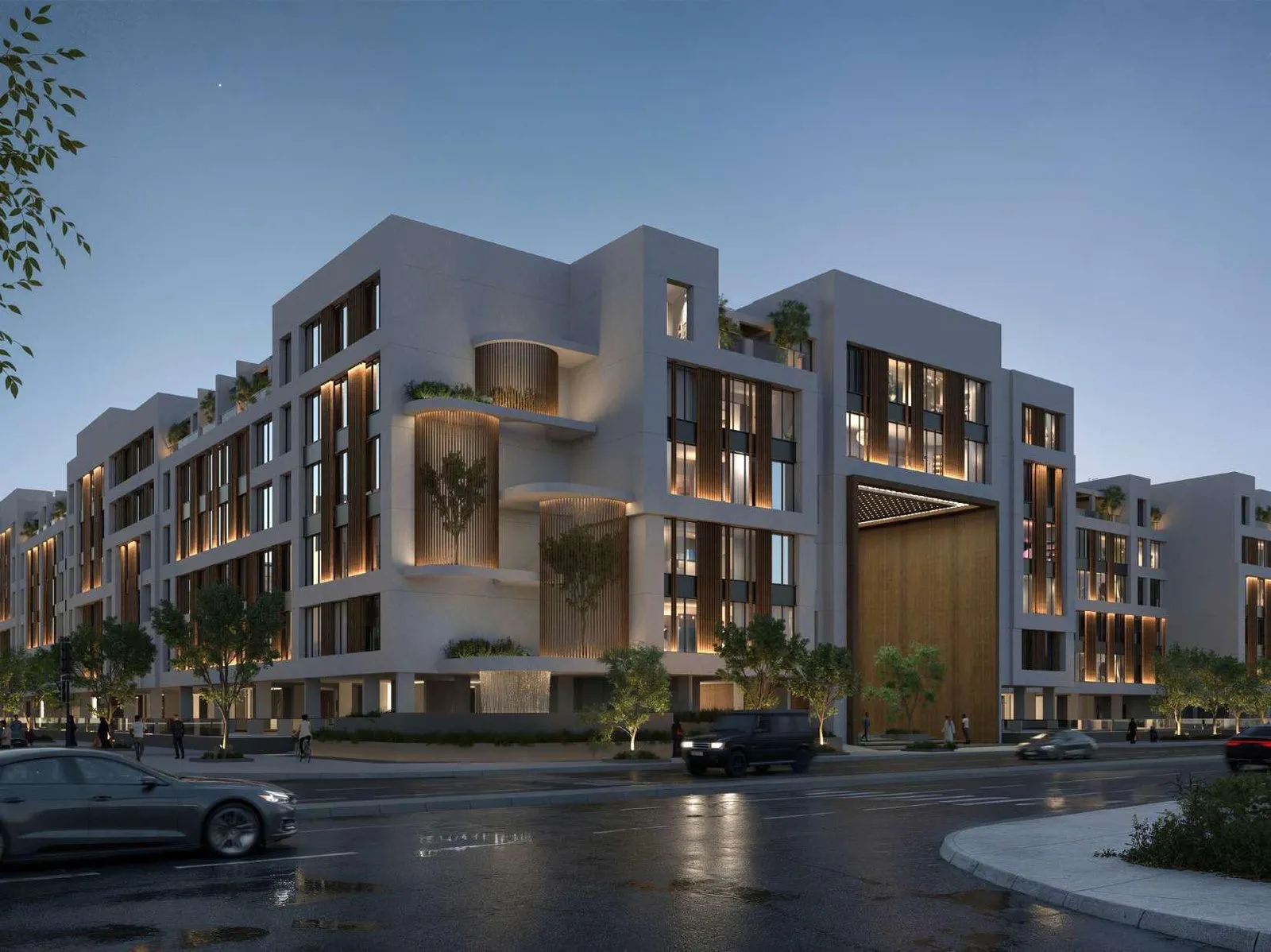 Darco Prime facade at dusk with warm timber screens