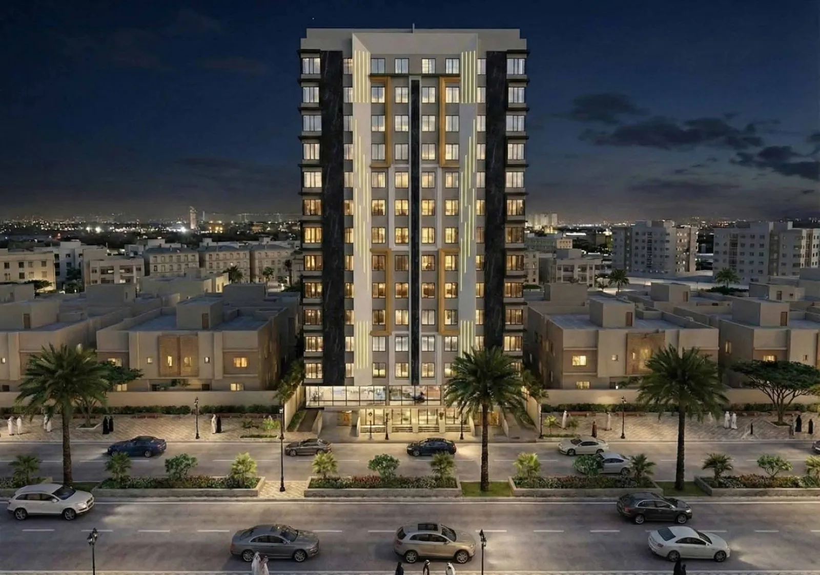 Jidia Towers at night with landscaped boulevard