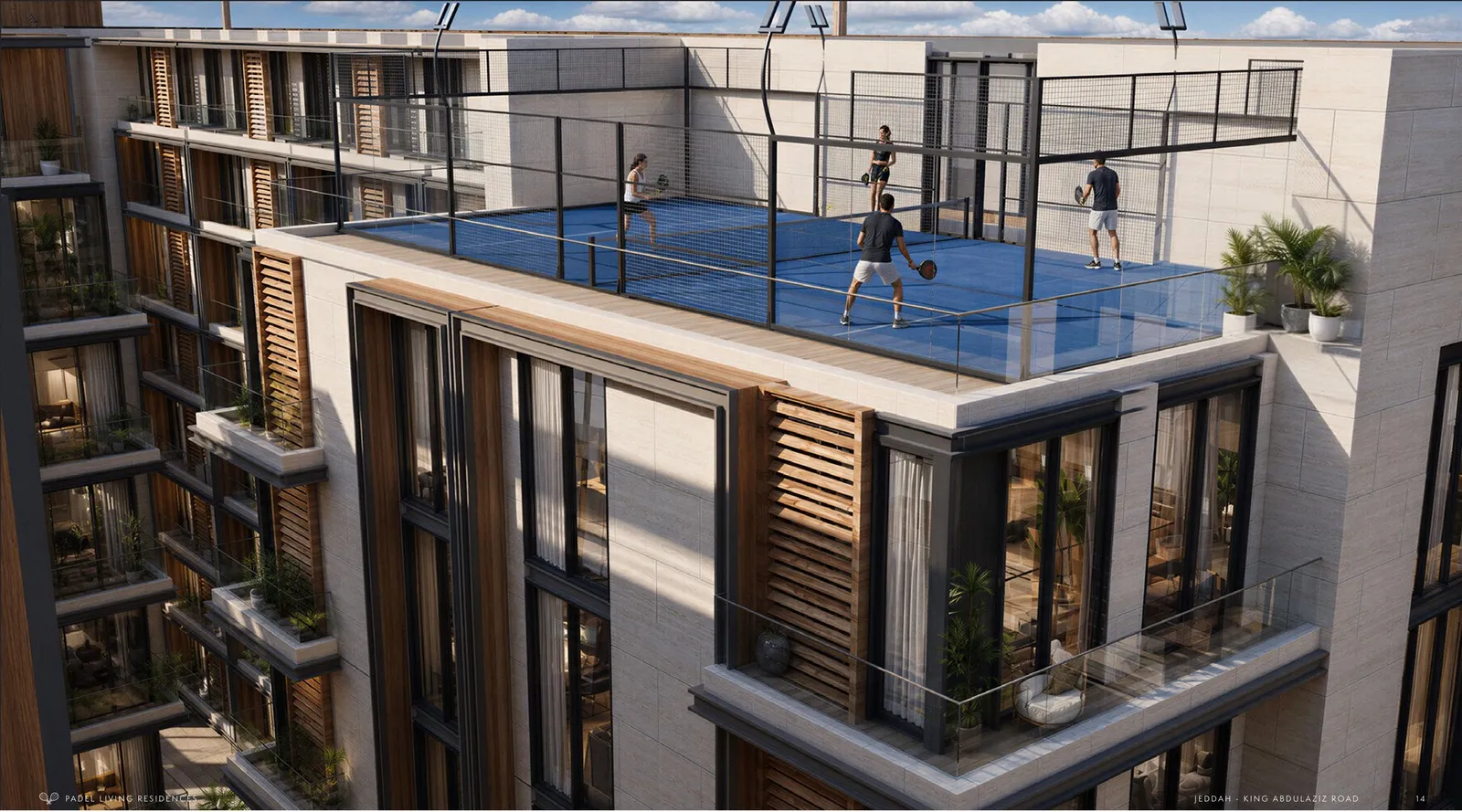 Rooftop padel court above the residences