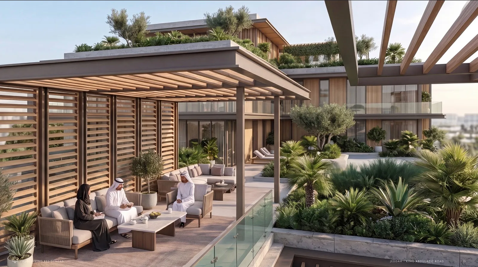 Rooftop terrace lounge under a pergola