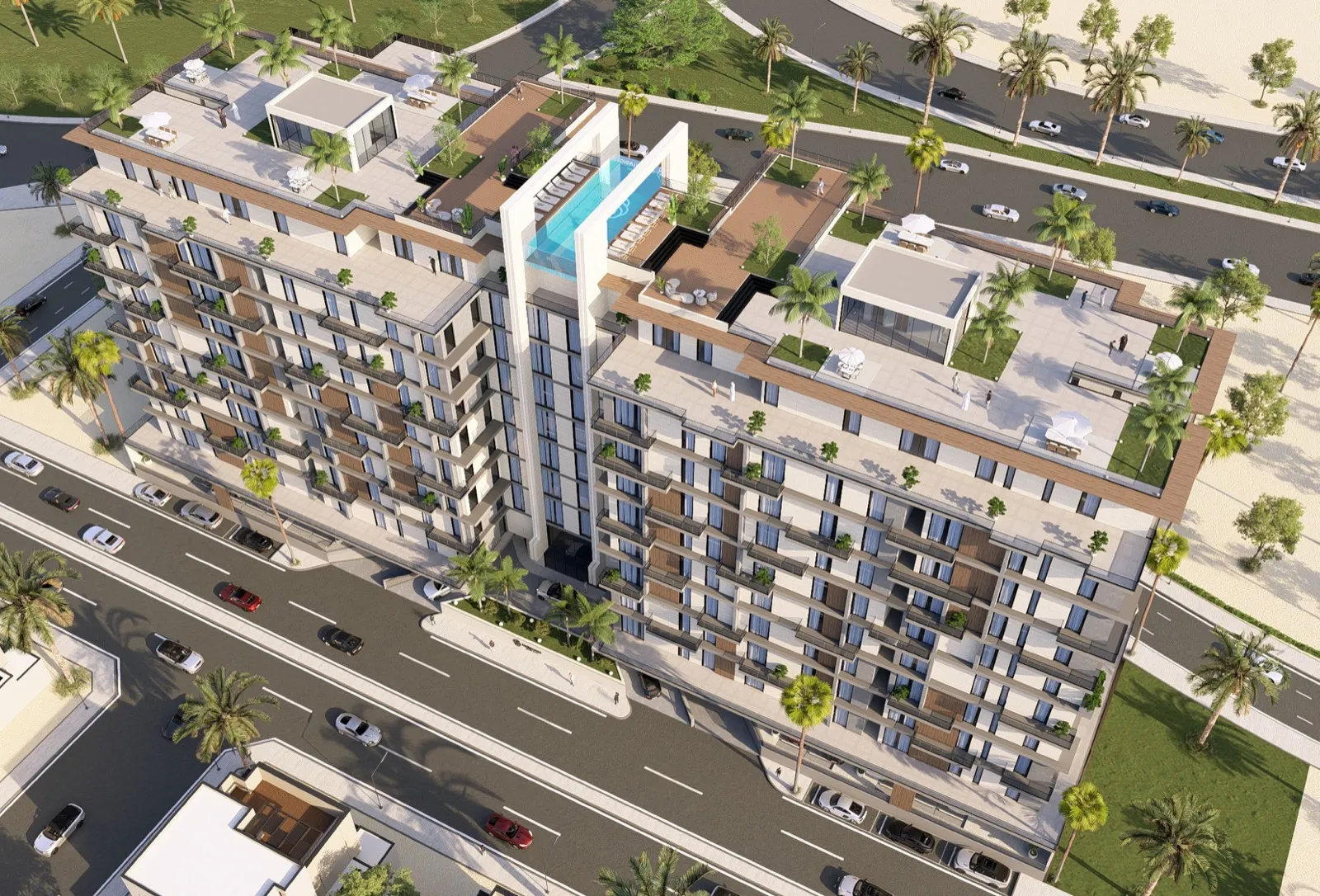 Daytime aerial of the two S-12 buildings and rooftop pool