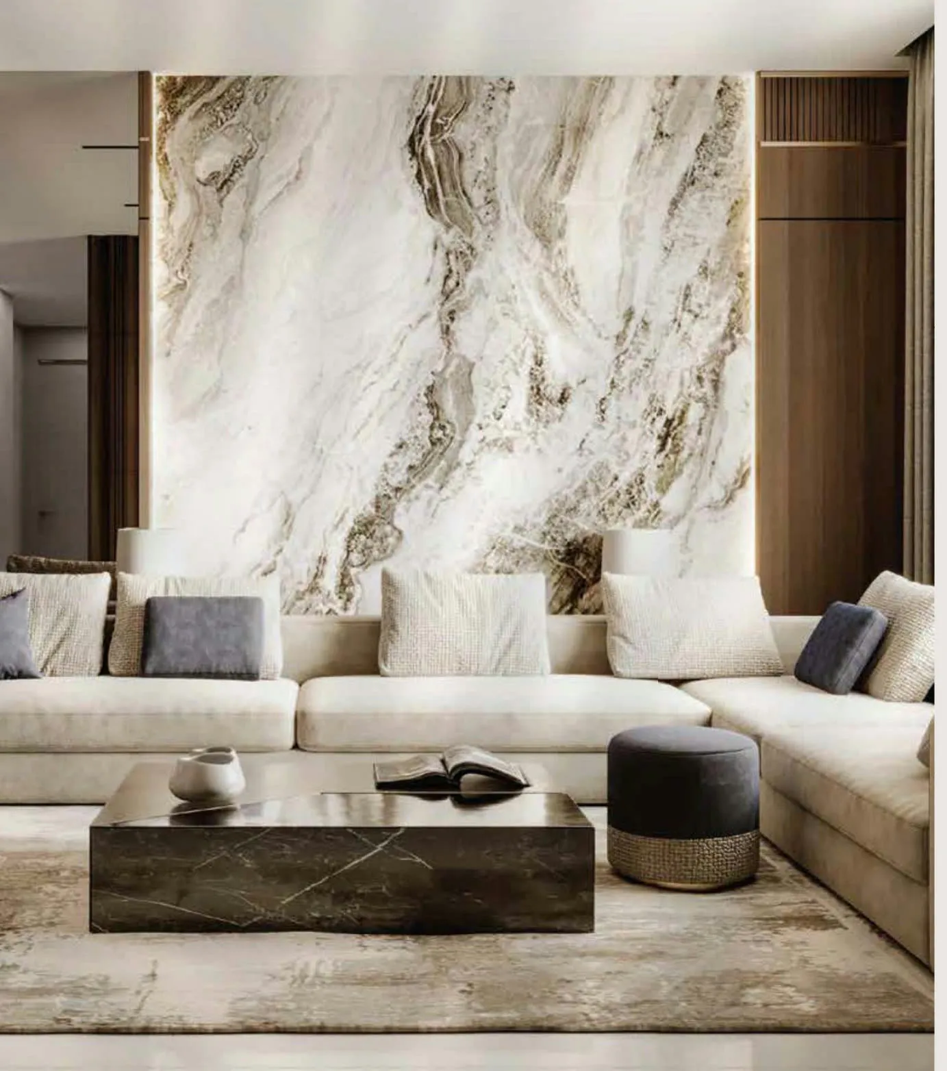 Living room with marble feature wall