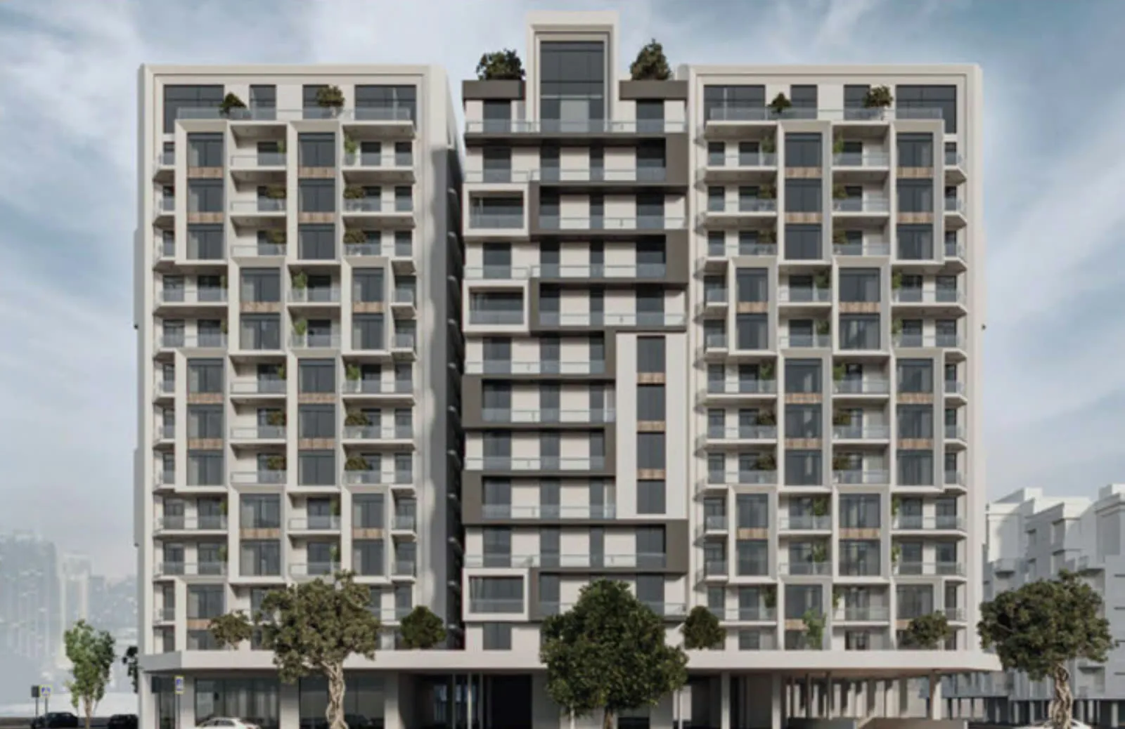 Diamond Towers front elevation with stepped balconies