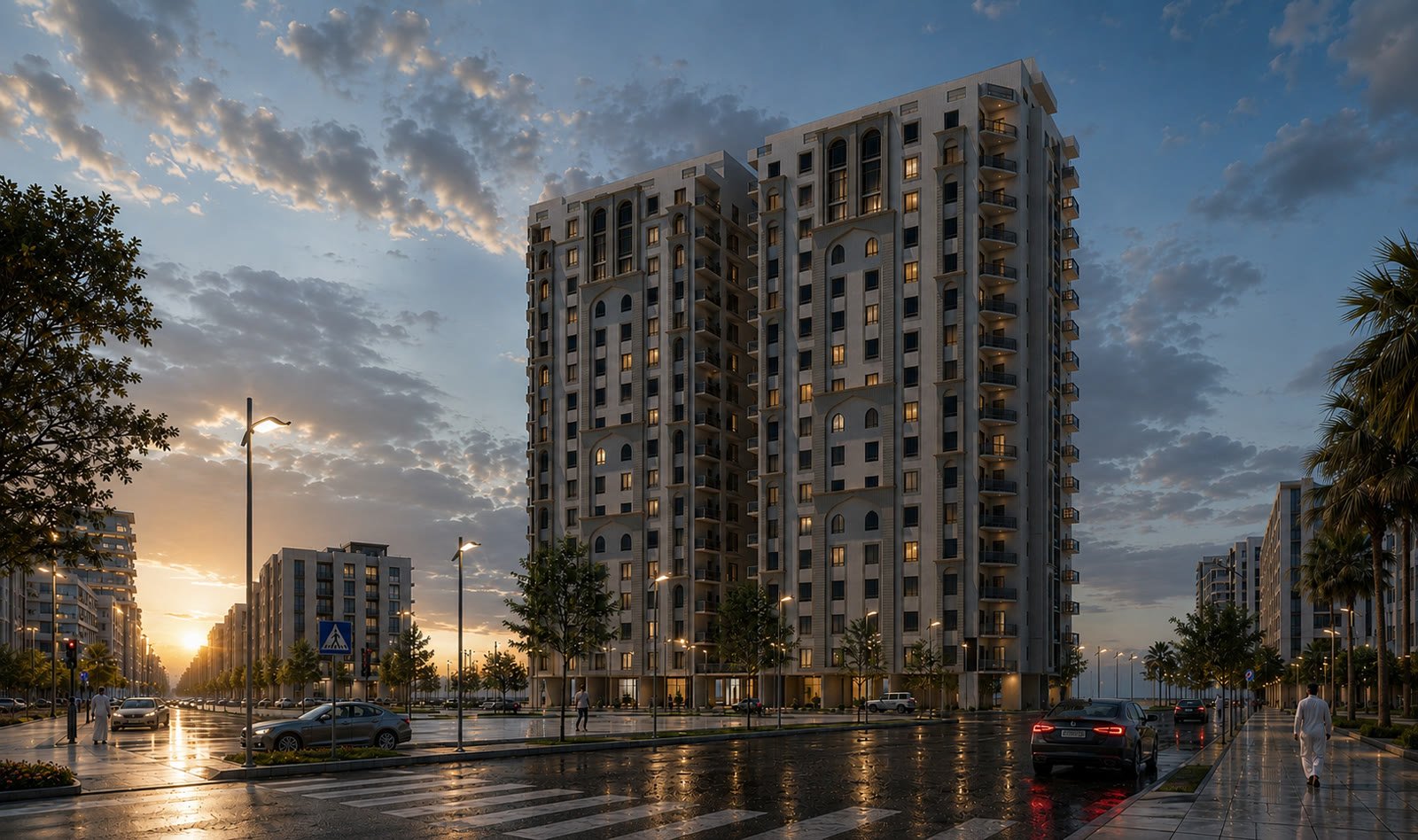 Rawaq Towers buildings at dusk