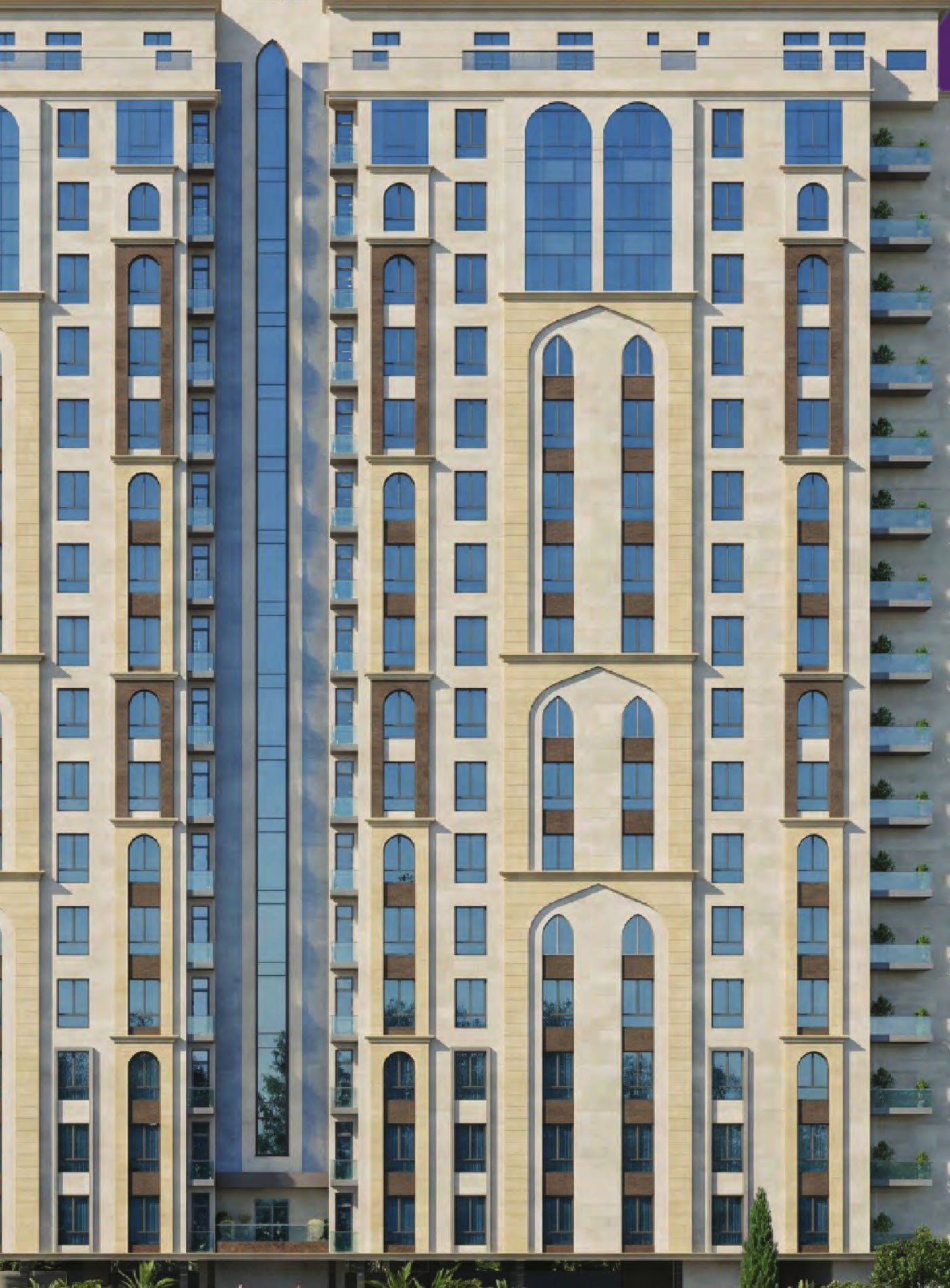 Rawaq Towers façade with arched Hejazi glazing
