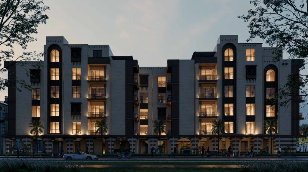 Rewaq Al Hijaz facade at dusk