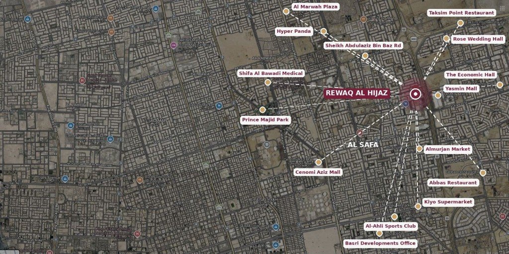 Map of Rewaq Al Hijaz in Al Safa, with nearby places including Yasmin Mall, Prince Majid Park and Al Marwah Plaza