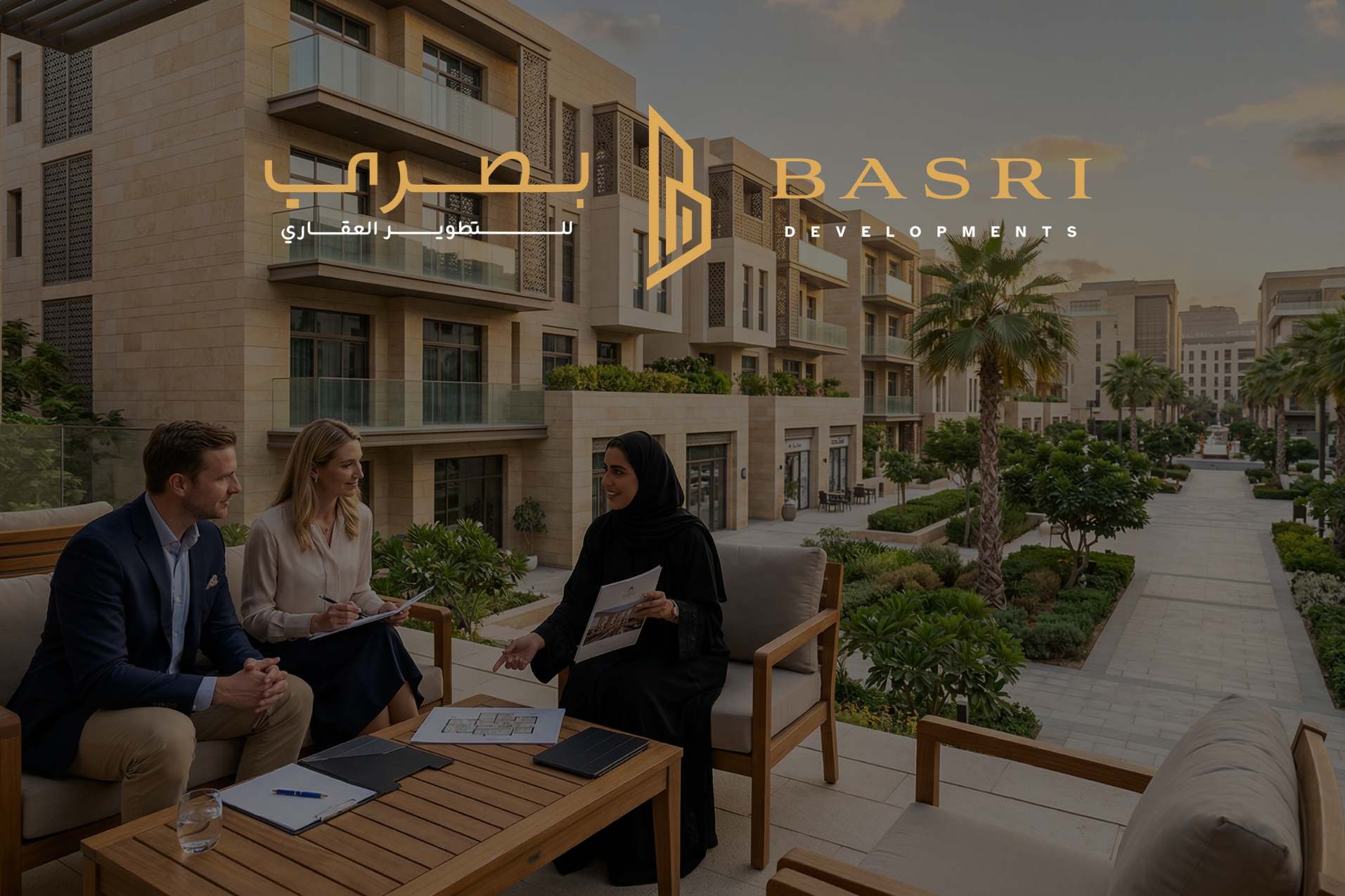 Basri Developments real estate project in Saudi Arabia — expat buyers reviewing property transaction documents with a professional consultant.